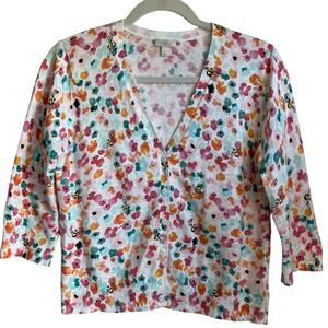 Talbots Bees Floral Cardigan Sweater Cotton V-Neck 3/4 Sleeves Sz LP Whimsical